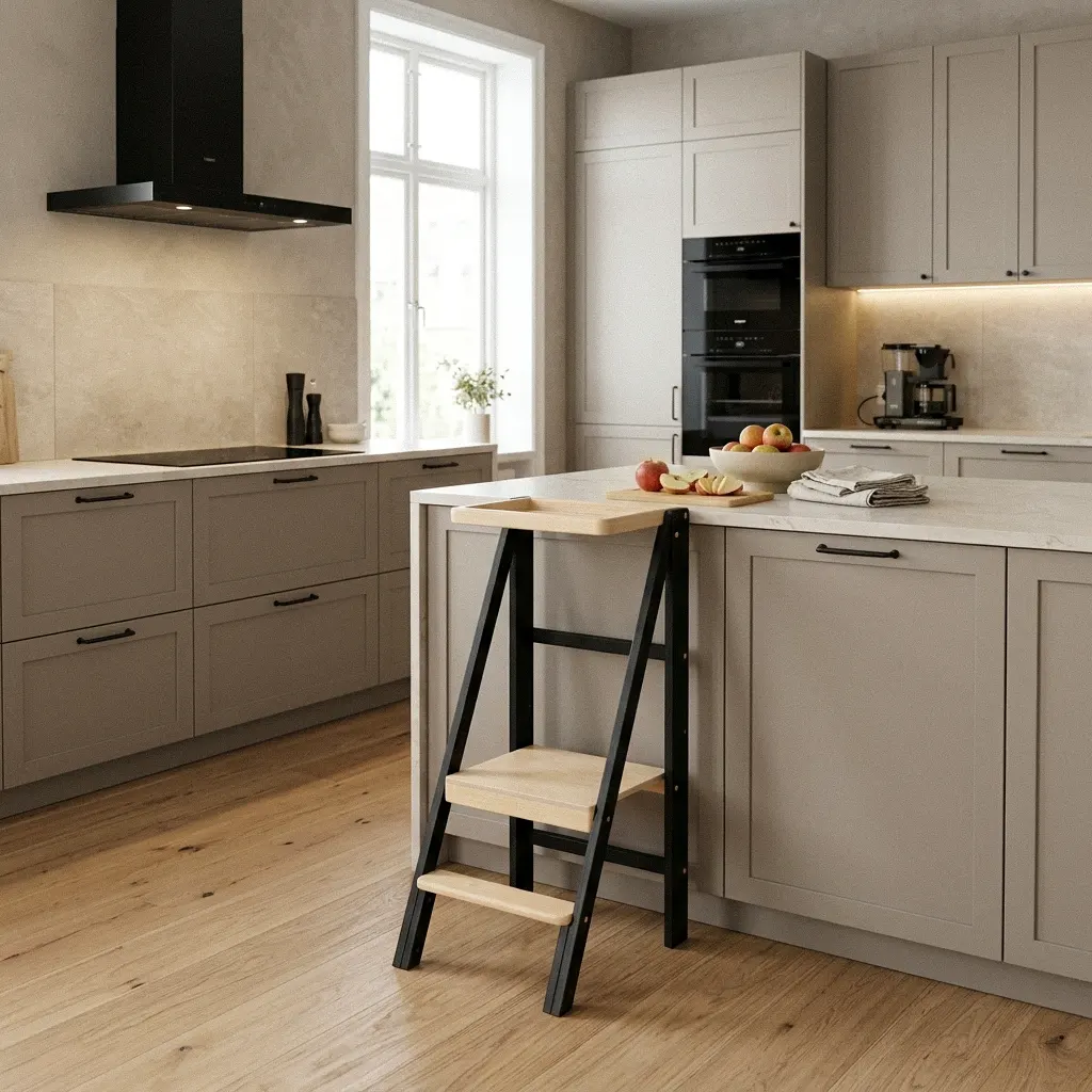 Torre montessori Slim Loft Nero richiudibile — torre montessoriana pieghevole senza scanalature, telaio nero opaco e gradini in legno naturale, da 18 mesi