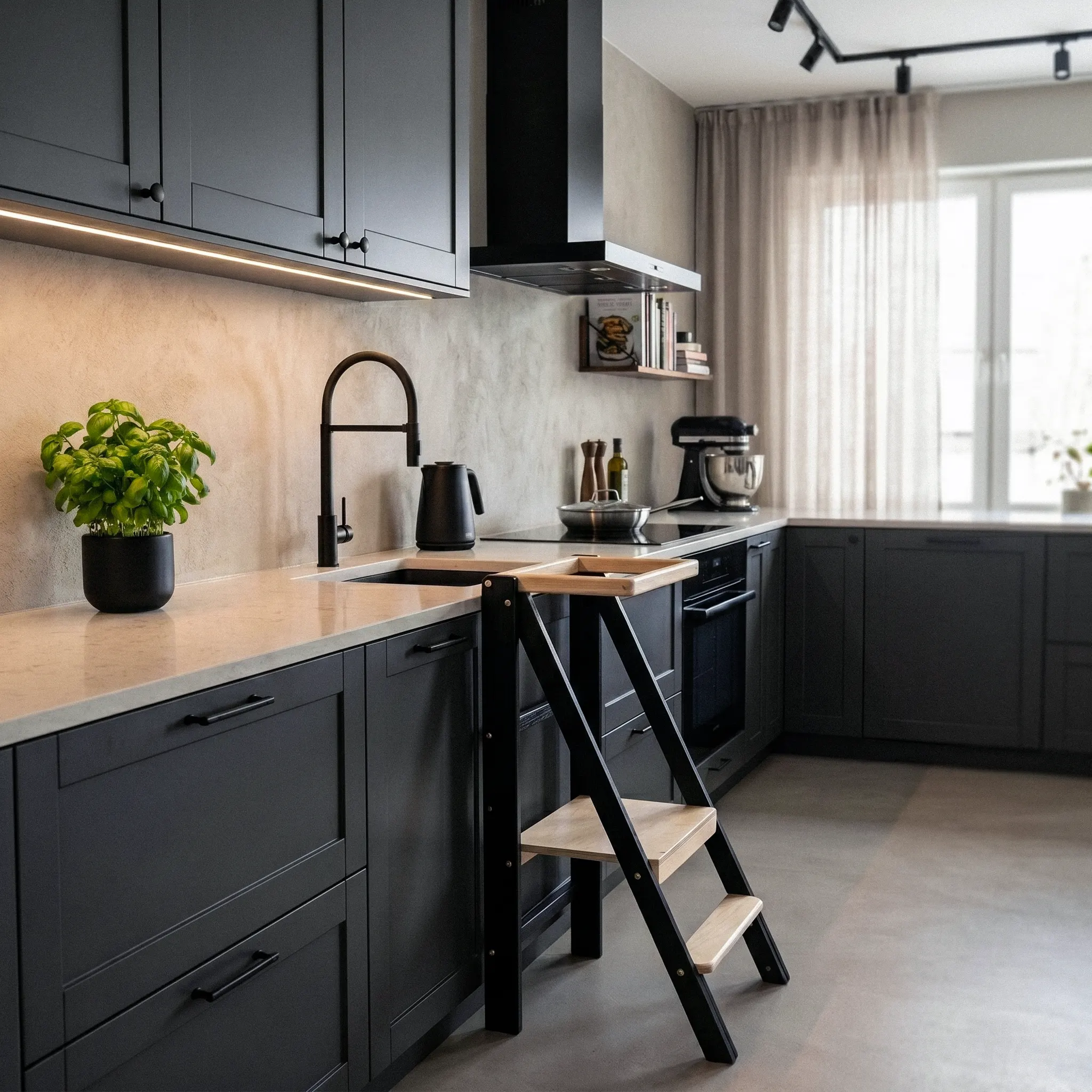 Torre montessori pieghevole Slim Loft Nero aperta accanto al piano in una cucina con ante scure e maniglie nere — telaio nero opaco, gradini in legno chiaro non trattato, portata 95 kg