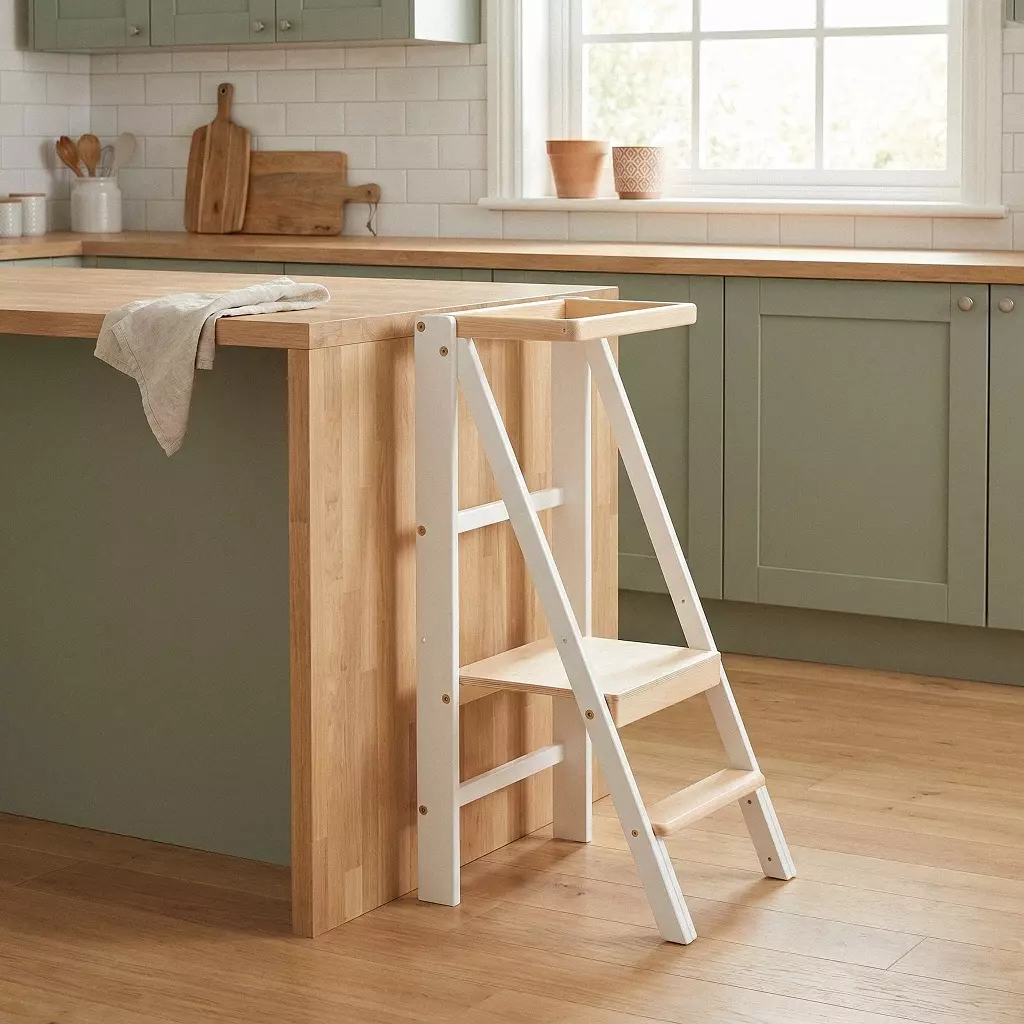 Torre montessoriana bianca Slim Loft aperta accanto all'isola in una cucina verde salvia — telaio bianco opaco, gradini e corrimano in legno non trattato, torretta montessoriana pieghevole da 18 mesi