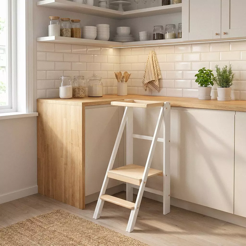 Torretta montessori Slim Loft Bianco pieghevole — torre montessoriana bianca con blocco di chiusura, geometria anti-ribaltamento e gradini in legno naturale, da 18 mesi