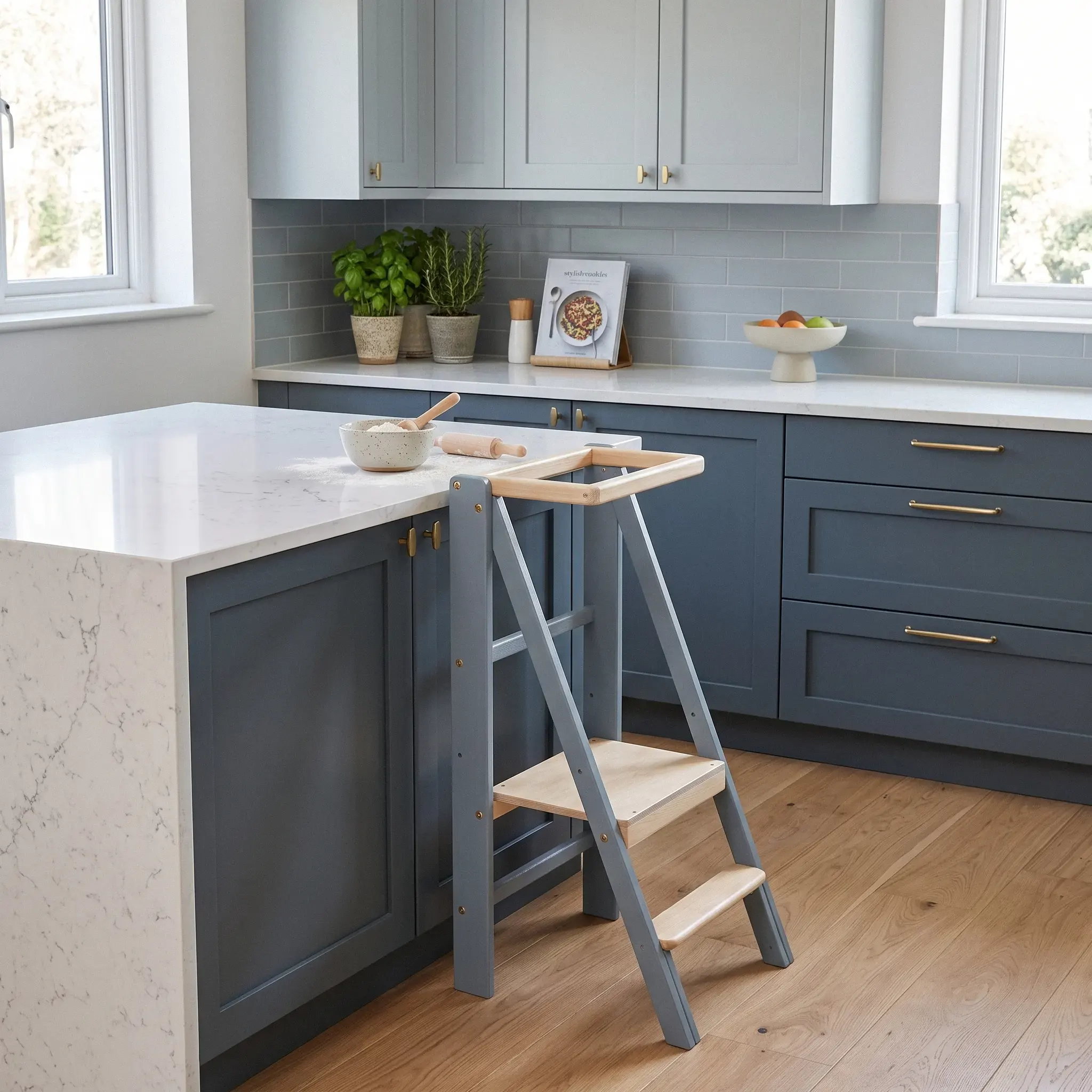 Torre montessoriana pieghevole Slim Loft Grigio scuro — torre richiusa a 12 cm per cucina piccola, gradini in legno non trattato, portata 95 kg