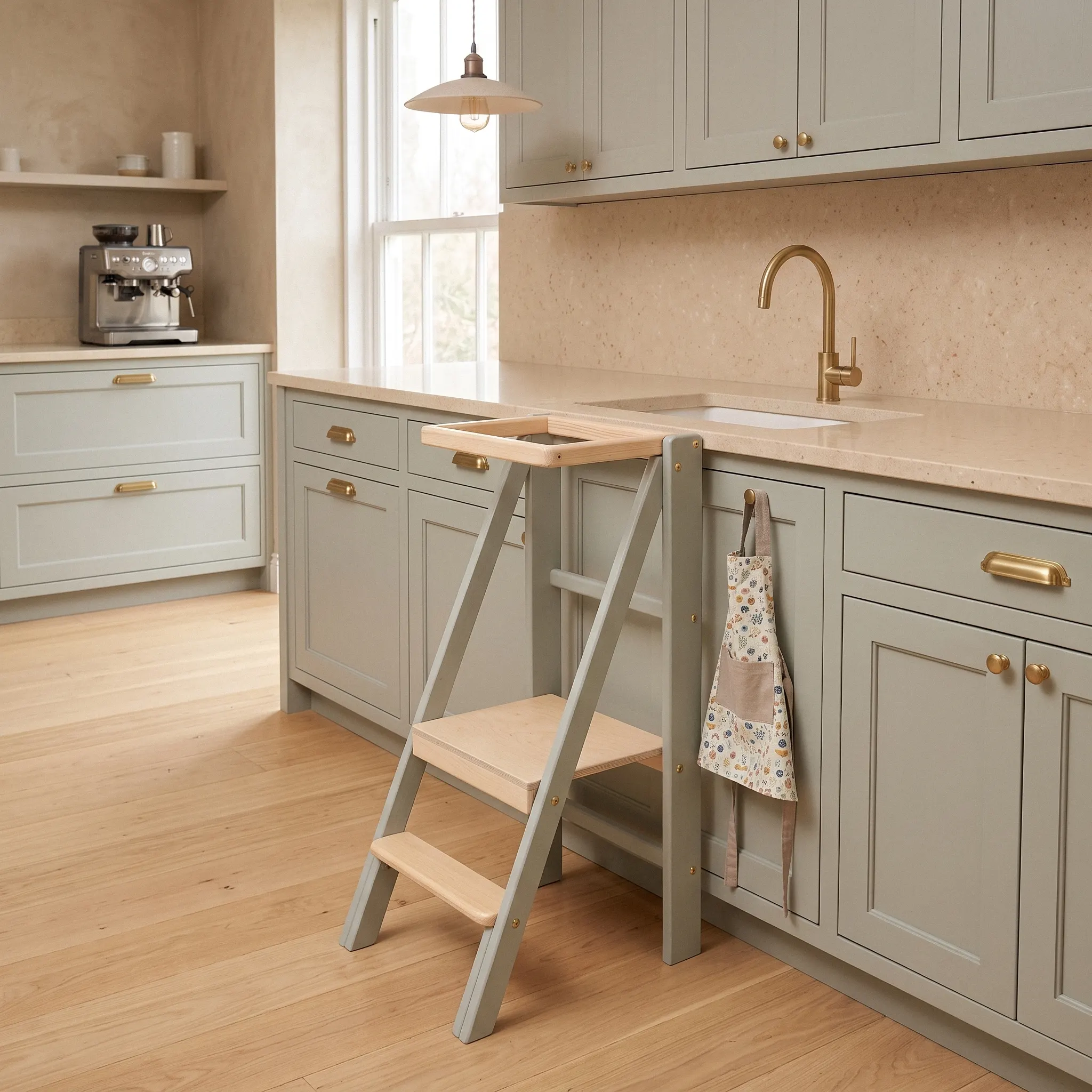 Torre apprendimento Slim Loft Grigio chiaro regolabile in altezza, aperta accanto al lavandino in una cucina verde salvia — telaio grigio con nota salvia, pedana e gradini in legno non trattato, da 18 mesi
