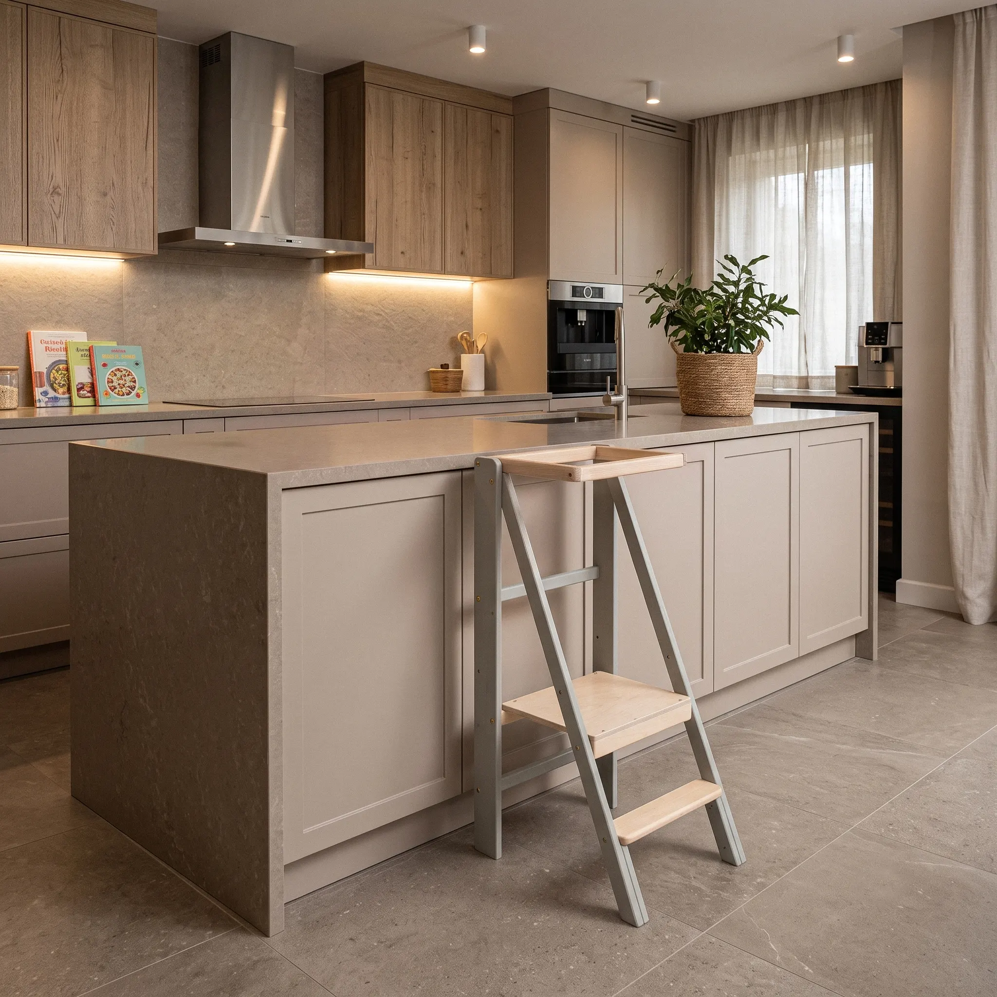 Torre montessoriana evolutiva Slim Loft Grigio chiaro aperta accanto all'isola di una cucina moderna — torre apprendimento pieghevole richiusa a 12 cm, portata 95 kg