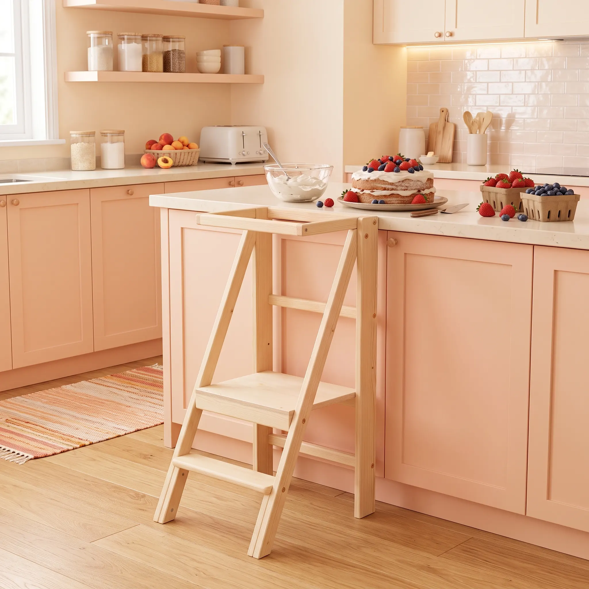 Torre montessoriana pieghevole in legno naturale Slim di Barin Toys, aperta accanto al piano di lavoro in una cucina chiara — da 18 mesi, portata 95 kg